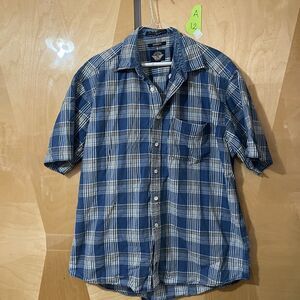 Dockers Flannel Mens Shirt M Medium Blue White Button Up Short Sleeve Plaid